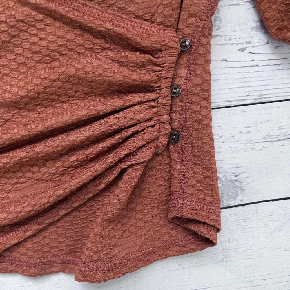 FREE PEOPLE Textured Ruched‎ Cinch Wrap Top Rust Brown Boho Chic Hippie Size S